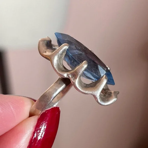Antique art Deco Oversized Marquee Blue Topaz Brutalist Sterling Silver Ring - Picture 11 of 17